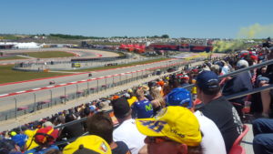 2017 MotoGp Race at Circuit of the Americas Rossi Fans blowing yellow smoke.