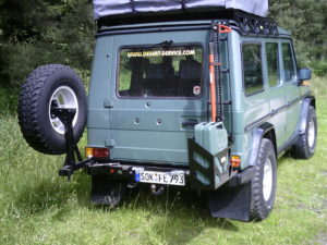 G-Wagen with swing-out tire and fuel mount